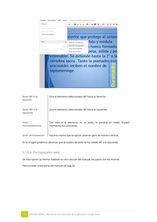 73 OFICINA MÓVIL - Manual de uso avanzado de la aplicación Google drive
Rotar 90º a la
derecha
Gira el elemento seleccionado 90º hacia la derecha.
Rotar 90º a la
izquierda
Gira el elemento seleccionado 90º hacia la izquierda.
Girar
horizontalmente
Con esto si el elemento es un texto, lo pondría en modo “Espejo”
invirtiendo los caracteres.
Girar verticalmente Haría lo mismo que la opción anterior pero de manera vertical.
En la imagen podemos observar que el cuadro de texto se ha rotado 90
o
a la izquierda.
6.10.3. Portapapeles web.
De esta opción ya hemos hablado en otra sección del manual, los pasos son los mismos
Para acceder a esa parte del manual ver pag 36
 