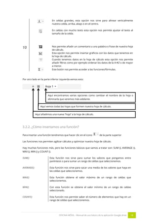 OFICINA MÓVIL - Manual de uso básico de la aplicación Google drive 18
En celdas grandes, esta opción nos sirve para alinear verticalmente
nuestra celda, arriba, abajo o en el centro.
En celdas con mucho texto esta opción nos permite ajustar el texto al
tamaño de la celda.
10 Nos permite añadir un comentario a una palabra o frase de nuestra hoja
de cálculo.
Esta opción nos permite insertar gráficos con los datos que tenemos en
la hoja de cálculo.
Cuando tenemos datos en la hoja de cálculo esta opción nos permite
añadir filtros como por ejemplo ordenar los datos de la AZ o de mayor
a menor.
Este botón nos permite acceder a las funciones/fórmulas.
Por otro lado en la parte inferior izquierda vemos esto:
3.2.2. ¿Cómo insertamos una función?
Para insertar una función tendremos que hacer clic en el icono de la parte superior
Las funciones nos permiten agilizar cálculos y optimizar nuestra hoja de cálculo.
Hay muchas funciones más, pero las funciones básicas que vamos a tratar son: SUM (), AVERAGE (),
MAX (), MIN () y COUNT ().
SUM() Esta función nos sirve para sumar los valores que pongamos entre
paréntesis o para sumar un rango de celdas que seleccionemos.
AVERAGE() Esta función nos sirve para sacar una media de los valores que haya en
las celdas que seleccionemos.
MAX() Esta función obtiene el valor máximo de un rango de celdas que
seleccionemos.
MIN() Con esta función se obtiene el valor mínimo de un rango de celdas
seleccionado.
COUNT() Esta función nos permite saber el número de elementos que hay en un
rango de celdas que seleccionemos.
Aquí añadimos una nueva “hoja” a la hoja de cálculo.
Aquí vemos todas las hojas que formen nuestra hoja de cálculo.
Aquí encontramos varias opciones como cambiar el nombre de la hoja o
eliminarla que veremos más adelante.
 