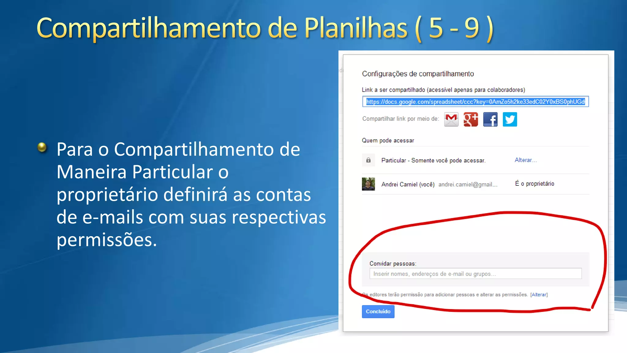 Para o Compartilhamento de
Maneira Particular o
proprietário definirá as contas
de e-mails com suas respectivas
permissões.

 