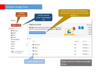 Tampilan Google Drive
Tombol
buat folder

Tombol upload
untuk mengunggah
file

Isi folder google Drive

Untuk memudahkan penyeragaman
data (synchronizing) anda bisa install
aplikasi ini

Begini bentuk halaman google
Drive.

 