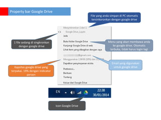 Property bar Google Drive
File yang anda simpan di PC otomatis
tersinkoronkan dengan google drive

Menu yang akan membawa anda
ke google drive. Otomatis
terbuka, tidak harus login lagi

1 file sedang di singkronkan
dengan google drive

Email yang digunakan
untuk google drive

Kapsitas google drive yang
terpakai. 19% dengan indicator
persen

Icon Google Drive

 