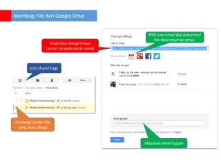 Membagi File dari Google Drive

Anda bisa mengirimkan
tautan ini pada pesan email

Pilih icon email jika dokumen/
file dikirimkan ke email.

Icon share/ bagi

Centang/ tandai file
yang akan dibagi

Masukan email tujuan

 
