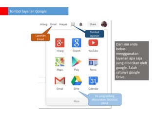 Tombol layanan Google

Layanan
Email

Tombol
layanan

Dari sini anda
bebas
menggunakan
layanan apa saja
yang diberikan oleh
google. Salah
satunya google
Drive.

Ini yang sedang
dibicarakan. GOOGLE
DRIVE

 