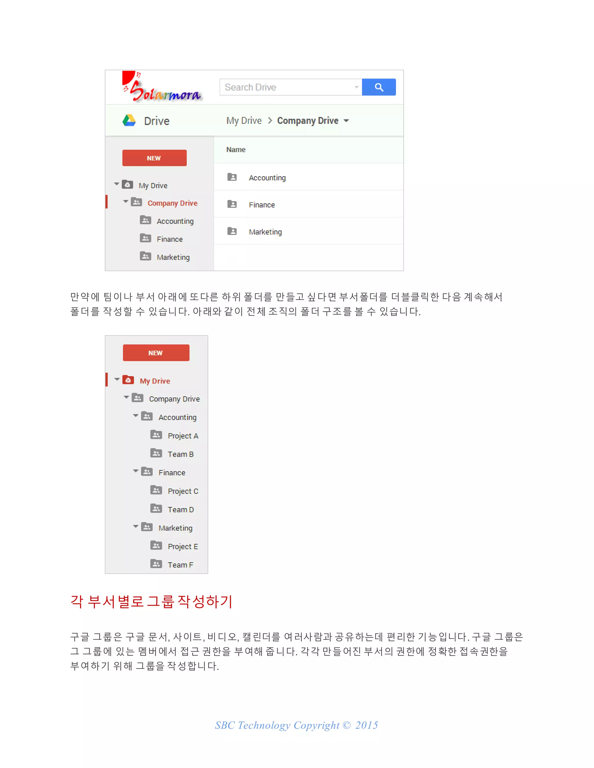 SBC Technology Copyright © 2015
만약에 팀이나 부서 아래에 또다른 하위 폴더를 만들고 싶다면 부서폴더를 더블클릭한 다음 계속해서
폴더를 작성할 수 있습니다. 아래와 같이 전체 조직의 폴더 구조를 볼 수 있습니다.
각 부서별로 그룹 작성하기
구글 그룹은 구글 문서, 사이트, 비디오, 캘린더를 여러사람과 공유하는데 편리한 기능입니다. 구글 그룹은
그 그룹에 있는 멤버에서 접근 권한을 부여해 줍니다. 각각 만들어진 부서의 권한에 정확한 접속권한을
부여하기 위해 그룹을 작성합니다.
 