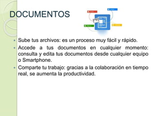 DOCUMENTOS
 Sube tus archivos: es un proceso muy fácil y rápido.
 Accede a tus documentos en cualquier momento:
consulta y edita tus documentos desde cualquier equipo
o Smartphone.
 Comparte tu trabajo: gracias a la colaboración en tiempo
real, se aumenta la productividad.
 