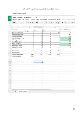 Cloud Computing: Google Drive (Ejercicios)
Resultado final:
13
 