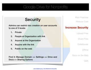 Google Drive for Nonproﬁts

                                                                                    Main Features
                 Security                                                            Reduce Cost
Admins can restrict doc creation on user accounts
to one of 5 levels:                                                          Increase Security
  1.   Private
                                                                                      Upload Files
  2.   People at Organization with link
                                                                                       Share Files
  3.   Anyone at the Organization

  4.   Anyone with the link                                                           Collaborate

  5.   Public on the web
                                                                                           Ofﬂine

                                                                                  Docs on the Web
Find it: Manage Domain >> Settings >> Drive and
Docs >> Sharing Options
                                                                                             Q&A


                           www.OrgSpring.org - Free Websites for Nonproﬁts
 