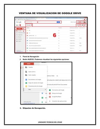 UNIDADES TECNICAS DEL CESAR
VENTANA DE VISUALIZACION DE GOOGLE DRIVE
1. Panel de Navegación
2. Botón NUEVO: Podemos visualizar las siguientes opciones:
3. Etiquetas de Navegación.
 