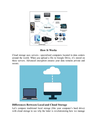 How It Works
Cloud storage uses servers—specialized computers located in data centers
around the world. When you upload a file to Google Drive, it’s stored on
these servers. Advanced encryption ensures your data remains private and
secure.
Differences Between Local and Cloud Storage
Let’s compare traditional local storage (like your computer’s hard drive)
with cloud storage to see why the latter is revolutionizing how we manage
 