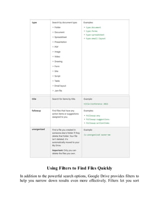 Using Filters to Find Files Quickly
In addition to the powerful search options, Google Drive provides filters to
help you narrow down results even more effectively. Filters let you sort
 