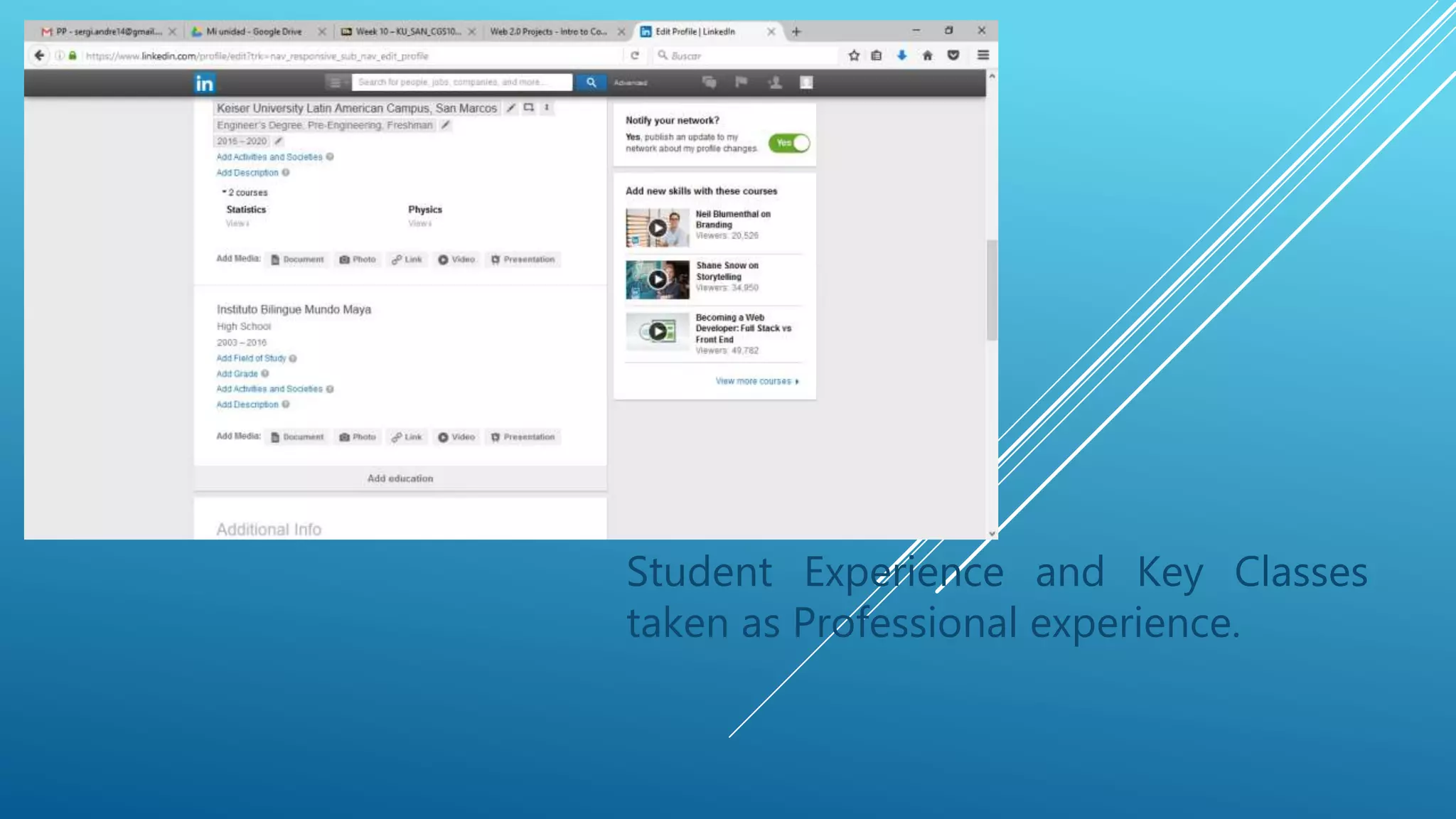 Student Experience and Key Classes
taken as Professional experience.
 