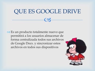 QUE ES GOOGLE DRIVE


 Es un producto totalmente nuevo que
permitirá a los usuarios almacenar de
forma centralizada todos sus archivos
de Google Docs. y sincronizar estos
archivos en todos sus dispositivos

 