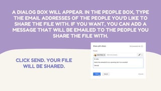 A DIALOG BOX WILL APPEAR. IN THE PEOPLE BOX, TYPE
THE EMAIL ADDRESSES OF THE PEOPLE YOU'D LIKE TO
SHARE THE FILE WITH. IF YOU WANT, YOU CAN ADD A
MESSAGE THAT WILL BE EMAILED TO THE PEOPLE YOU
SHARE THE FILE WITH.
CLICK SEND. YOUR FILE
WILL BE SHARED.
 