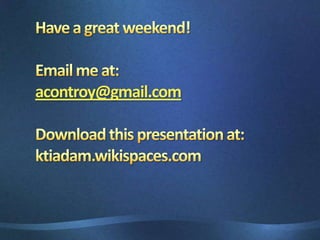 Embedding Images in a PlacemarkOpen up your web browser and find an image, copyright free of course (try using Creative Commons or, Flickr)Find the URL for the picture you would like to embed in t the Placemark. Copy the URL into the description section.Now we need to do a little HTML coding:  Copy this code <imgsrc=“URL”>Go back and click on the placemark.  You should see the image embedded in the placemark