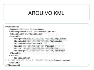 ARQUIVO KML

<Placemark>
   <name>Hollywood Bowl</name>
   <description>Descrição</description>
   <visibility>0</visibility>
   <LookAt>
       <longitude>-118.3390383230917</longitude>
       <latitude>34.11230602728949</latitude>
       <altitude>0</altitude>
       <range>272.1817526117454</range>
       <tilt>1.485907294467841e-010</tilt>
       <heading>-0.004589114879398169</heading>
   </LookAt>
   <Point>
       <coordinates>-
118.3390383230917,34.11230602728949,0</coordinates>
   </Point>
</Placemark>                                          22
 