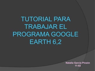TUTORIAL PARA
   TRABAJAR EL
PROGRAMA GOOGLE
    EARTH 6,2


            Natalia García Pinzón
                    11-02
 