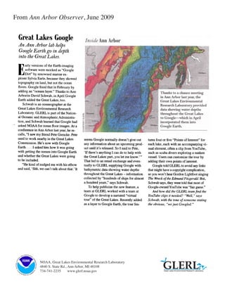 From Ann Arbor Observer, June 2009




                                  MOSPH
                             D AT       ER
                        AN                     IC
                   IC
          N




                                                                                                                             GLERL
                                                AD




                                                                       NOAA, Great Lakes Environmental Research Laboratory
     EA




                                                    MI
           C




                                                        N IS
IO N A L O




                                                                       4840 S. State Rd., Ann Arbor, MI 48108
                                                        T R A T IO N
 NAT




                                                                       734-741-2235       www.glerl.noaa.gov                 Great Lakes Environmental Research Laboratory
    U.




                                                    CE




               D
       S.




                   EP
                                                R




                                                    E
                        AR
                             TME           O   MM
                                   NT OF C
 