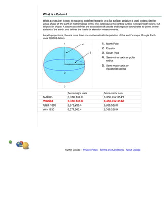 What Is a Datum?

While a projection is used in mapping to define the earth on a flat surface, a datum is used to describe the
actual shape of the earth in mathematical terms. This is because the earth's surface is not perfectly round, but
ellipsoid in shape. A datum also defines the association of latitude and longitude coordinates to points on the
surface of the earth, and defines the basis for elevation measurements.

As with projections, there is more than one mathematical interpretation of the earth's shape. Google Earth
uses WGS84 datum.

                                                        1. North Pole
                                                        2. Equator
                                                        3. South Pole
                                                        4. Semi-minor axis or polar
                                                            radius
                                                        5. Semi-major axis or
                                                            equatorial radius




                       Semi-major axis                    Semi-minor axis
NAD83                  6,378,137.0                        6,356,752.3141
WGS84                  6,378,137.0                        6,356,752.3142
Clark 1866             6,378,206.4                        6,356,583.8
Airy 1830              6,377,563.4                        6,356,256.9




                     ©2007 Google - Privacy Policy - Terms and Conditions - About Google
 