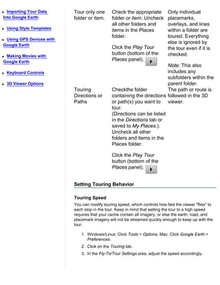 q Importing Your Data       Tour only one       Check the appropriate          Only individual
Into Google Earth           folder or item.     folder or item. Uncheck        placemarks,
                                                all other folders and          overlays, and lines
q   Using Style Templates                       items in the Places            within a folder are
                                                folder.                        toured. Everything
qUsing GPS Devices with
                                                                               else is ignored by
Google Earth
                                                Click the Play Tour            the tour even if it is
qMaking Movies with
                                                button (bottom of the          checked.
Google Earth
                                                Places panel).
                                                                          Note: This also
q   Keyboard Controls                                                     includes any
                                                                          subfolders within the
q   3D Viewer Options                                                     parent folder.
                            Touring             Checkthe folder           The path or route is
                            Directions or       containing the directions followed in the 3D
                            Paths               or path(s) you want to viewer.
                                                tour.
                                                (Directions can be listed
                                                in the Directions tab or
                                                saved to My Places.).
                                                Uncheck all other
                                                folders and items in the
                                                Places folder.

                                                Click the Play Tour
                                                button (bottom of the
                                                Places panel).


                            Setting Touring Behavior

                            Touring Speed
                            You can modify touring speed, which controls how fast the viewer "flies" to
                            each stop in the tour. Keep in mind that setting the tour to a high speed
                            requires that your cache contain all imagery, or else the earth, road, and
                            placemark imagery will not be streamed quickly enough to keep up with the
                            tour.

                                1. Windows/Linux: Click Tools > Options. Mac: Click Google Earth >
                                   Preferences.
                                2. Click on the Touring tab.
                                3. In the Fly-To/Tour Settings area, adjust the speed accordingly.
 