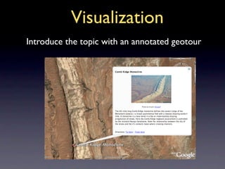 Visualization
Introduce the topic with an annotated geotour
 