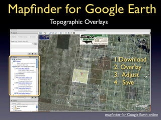 Mapﬁnder for Google Earth
       Topographic Overlays




                               1.Download
                               2. Overlay
                               3. Adjust
                               4. Save



                          mapﬁnder for Google Earth online
 