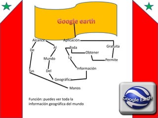Alcance

Aplicación
Al

De

Obtener
Mundo

Tus

Gratuita

Toda
La

Permite
Información

Del
Geográfica

Manos
Función: puedes ver toda la
información geográfica del mundo

 