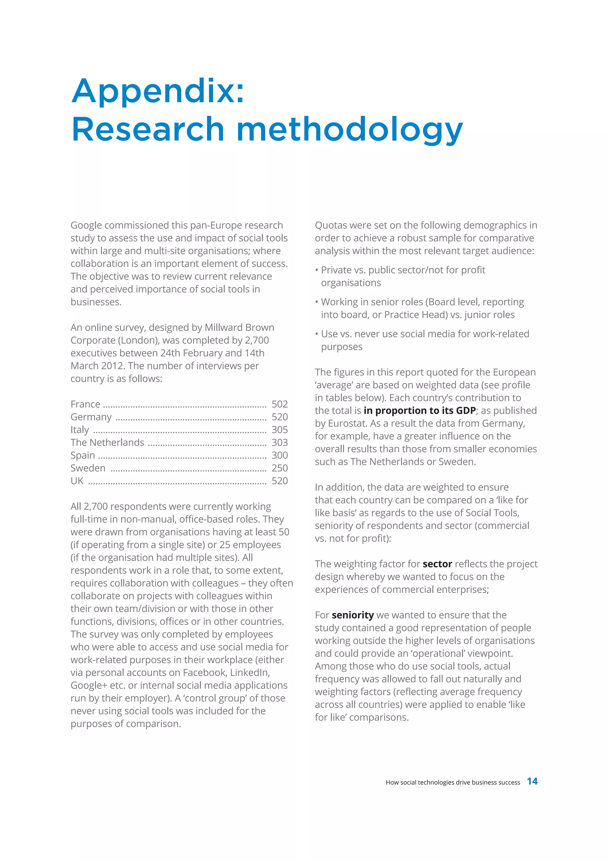 Appendix:
Research methodology

Google commissioned this pan-Europe research                                         Quotas were set on the following demographics in
study to assess the use and impact of social tools                                   order to achieve a robust sample for comparative
within large and multi-site organisations; where                                     analysis within the most relevant target audience:
collaboration is an important element of success.
                                                                                     • Private vs. public sector/not for profit
The objective was to review current relevance
                                                                                       organisations
and perceived importance of social tools in
businesses.                                                                          • Working in senior roles (Board level, reporting
                                                                                       into board, or Practice Head) vs. junior roles
An online survey, designed by Millward Brown
                                                                                     • Use vs. never use social media for work-related
Corporate (London), was completed by 2,700
                                                                                       purposes
executives between 24th February and 14th
March 2012. The number of interviews per
                                                                                     The figures in this report quoted for the European
country is as follows:
                                                                                     ‘average’ are based on weighted data (see profile
                                                                                     in tables below). Each country’s contribution to
France ..................................................................      502
                                                                                     the total is in proportion to its GDP; as published
Germany .............................................................          520
                                                                                     by Eurostat. As a result the data from Germany,
Italy ......................................................................   305
                                                                                     for example, have a greater influence on the
The Netherlands ................................................               303
                                                                                     overall results than those from smaller economies
Spain ....................................................................     300
                                                                                     such as The Netherlands or Sweden.
Sweden ...............................................................         250
UK ........................................................................    520
                                                                                     In addition, the data are weighted to ensure
                                                                                     that each country can be compared on a ‘like for
All 2,700 respondents were currently working
                                                                                     like basis’ as regards to the use of Social Tools,
full-time in non-manual, office-based roles. They
                                                                                     seniority of respondents and sector (commercial
were drawn from organisations having at least 50
                                                                                     vs. not for profit):
(if operating from a single site) or 25 employees
(if the organisation had multiple sites). All
                                                                                     The weighting factor for sector reflects the project
respondents work in a role that, to some extent,
                                                                                     design whereby we wanted to focus on the
requires collaboration with colleagues – they often
                                                                                     experiences of commercial enterprises;
collaborate on projects with colleagues within
their own team/division or with those in other
                                                                                     For seniority we wanted to ensure that the
functions, divisions, offices or in other countries.
                                                                                     study contained a good representation of people
The survey was only completed by employees
                                                                                     working outside the higher levels of organisations
who were able to access and use social media for
                                                                                     and could provide an ‘operational’ viewpoint.
work-related purposes in their workplace (either
                                                                                     Among those who do use social tools, actual
via personal accounts on Facebook, LinkedIn,
                                                                                     frequency was allowed to fall out naturally and
Google+ etc. or internal social media applications
                                                                                     weighting factors (reflecting average frequency
run by their employer). A ‘control group’ of those
                                                                                     across all countries) were applied to enable ‘like
never using social tools was included for the
                                                                                     for like’ comparisons.
purposes of comparison.




                                                                                                      How social technologies drive business success   14
 
