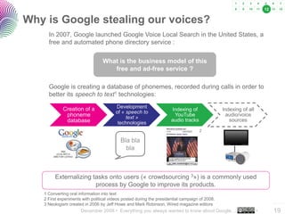 12


Why is Google stealing our voices?
     In 2007, Google launched Google Voice Local Search in the United States, a
     free and automated phone directory service :

                                 What is the business model of this
                                    free and ad-free service ?

     Google is creating a database of phonemes, recorded during calls in order to
     better its speech to text1 technologies:

            Creation of a               Development
                                                                      Indexing of               Indexing of all
                                        of « speech to
             phoneme                         text »
                                                                       YouTube                    audio/voice
             database                                                 audio tracks                 sources
                                         technologies
                                                                                     2

                                           Bla bla
                                             bla



        Externalizing tasks onto users (« crowdsourcing 3») is a commonly used
                       process by Google to improve its products.
   1 Converting oral information into text
   2 First experiments with political videos posted during the presidential campaign of 2008.
   3 Neologism created in 2006 by Jeff Howe and Mark Robinson, Wired magazine editors                                      ..…….

                      December 2008 • Everything you always wanted to know about Google…                          •        19
 