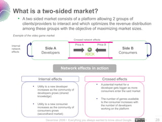 What is a two-sided market?
     • A two sided market consists of a platform allowing 2 groups of
           clients/providers to interact and which optimizes the revenue distribution
           among these groups with the objective of maximizing market sizes.
 Exemple of the video game market
                                                Crossed network effects

Internal                                            Price A         Price B
network                  Side A                                                           Side B
effects                Developers                                                       Consumers



                                      Network effects in action

                    Internal effects                                      Crossed effects
                                                                   •      A potential market for a
                •   Utility to a new developer                            developer gets bigger as more
                    increases as the community of                         consumers enter the said market
                    developers grows (shared
                    knowledge)
                                                                   •      The number of games available
                                                                          to the consumer increases with
                •   Utility to a new consumer                             the number of developers
                    increases as the community of                         working on the platform
                    consumers grows
                    (secondhand market)
                                                                                                                ..…….

                          December 2008 • Everything you always wanted to know about Google…                •   28
 