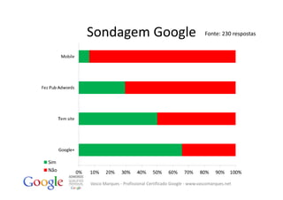 Sondagem Google                                         Fonte: 230 respostas




Vasco Marques ‐ Profissional Certificado Google ‐ www.vascomarques.net
 