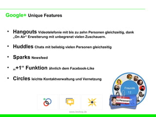 Google+ Unique Features


• Hangouts Videotelefonie mit bis zu zehn Personen gleichzeitig, dank
   „On Air“ Erweiterung mit unbegrenzt vielen Zuschauern.

• Huddles Chats mit beliebig vielen Personen gleichzeitig

• Sparks Newsfeed

• „+1“ Funktion ähnlich dem Facebook-Like

• Circles leichte Kontaktverwaltung und Vernetzung




                                   www.beebop.de
 