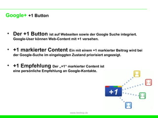 Google+ +1 Button


• Der +1 Button ist auf Webseiten sowie der Google Suche integriert.
   Google-User können Web-Content mit +1 versehen.


• +1 markierter Content Ein mit einem +1 markierter Beitrag wird bei
   der Google-Suche im eingeloggten Zustand priorisiert angezeigt.


• +1 Empfehlung Der „+1“ markierter Content ist
   eine persönliche Empfehlung an Google-Kontakte.




                                    www.beebop.de
 