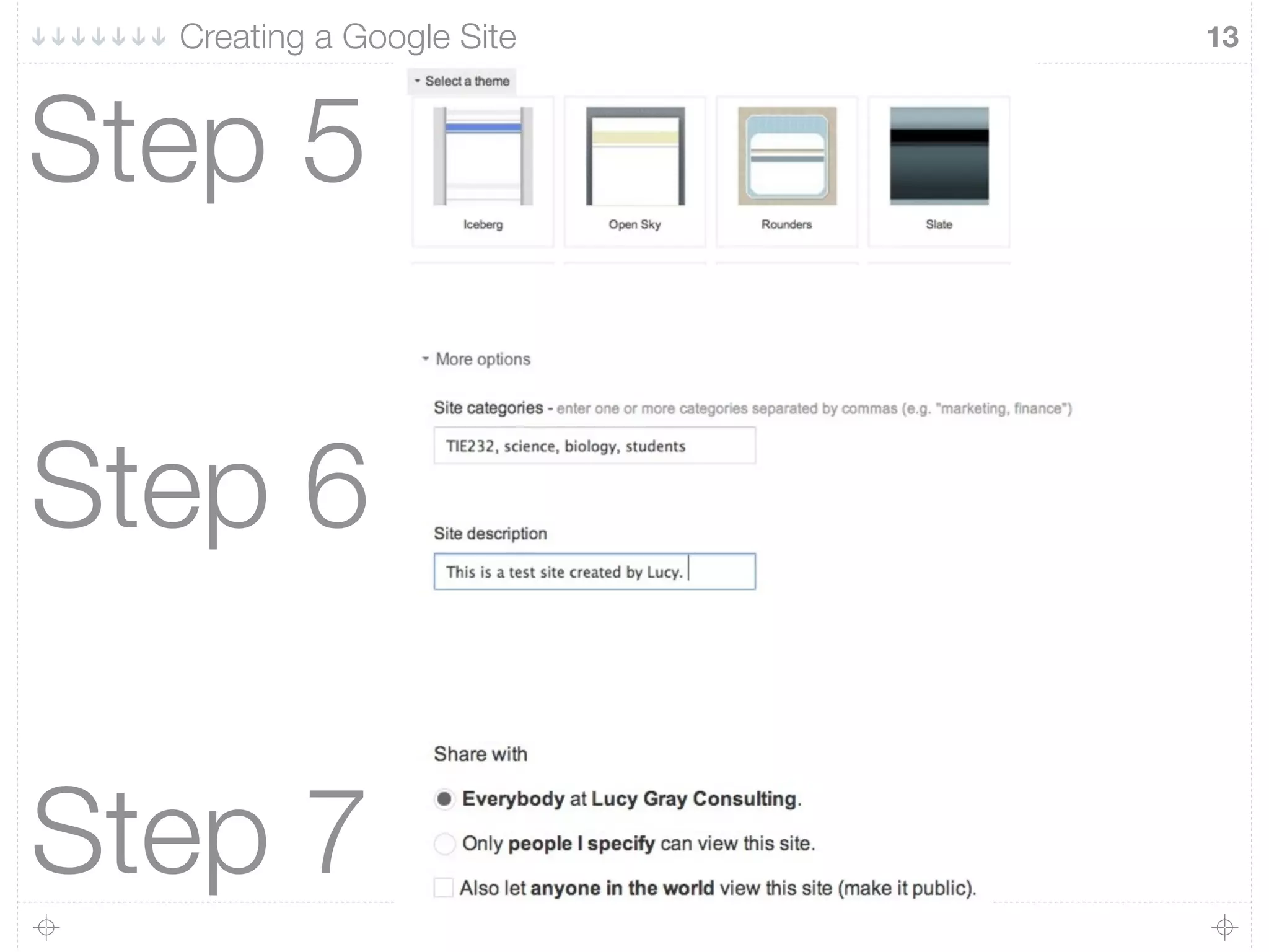 Step 5
Step 6
Step 7
13Creating a Google Site
 