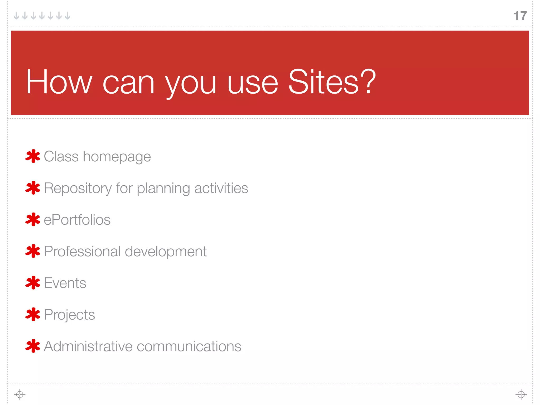 How can you use Sites?
Class homepage
Repository for planning activities
ePortfolios
Professional development
Events
Projects
Administrative communications
17
 