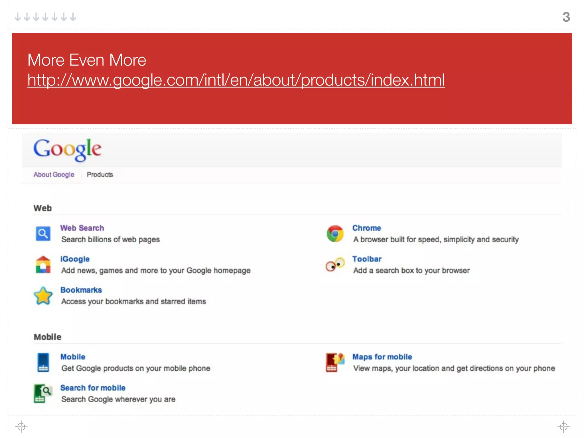 More Even More
http://www.google.com/intl/en/about/products/index.html
3
 
