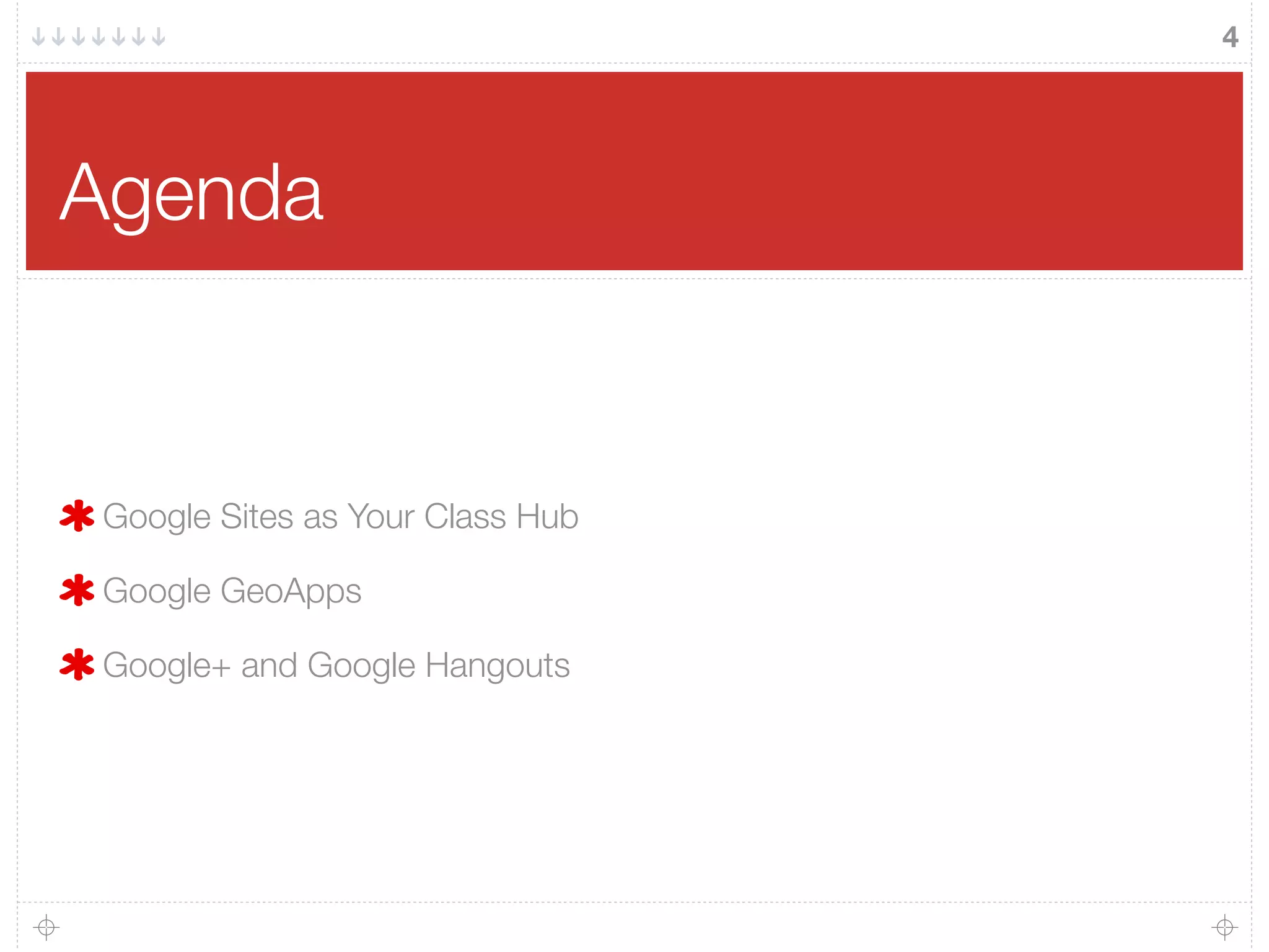 Agenda
Google Sites as Your Class Hub
Google GeoApps
Google+ and Google Hangouts
4
 