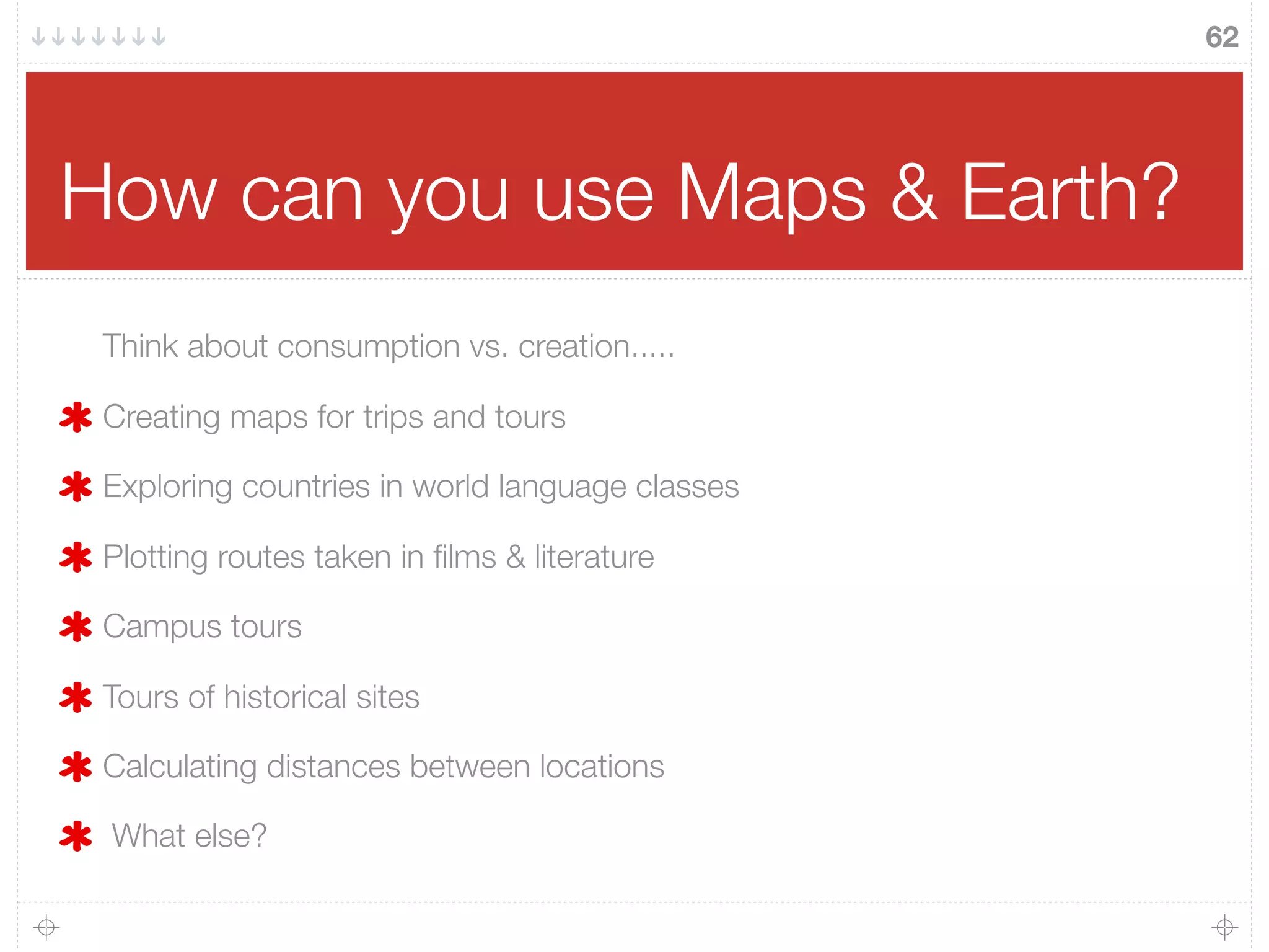 How can you use Maps & Earth?
Think about consumption vs. creation.....
Creating maps for trips and tours
Exploring countries in world language classes
Plotting routes taken in ﬁlms & literature
Campus tours
Tours of historical sites
Calculating distances between locations
What else?
62
 