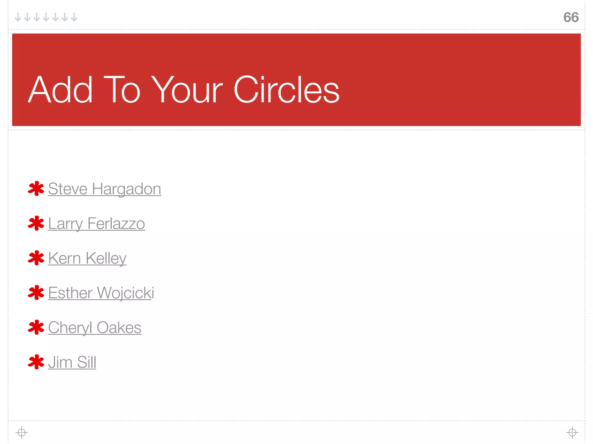 66
Add To Your Circles
Steve Hargadon
Larry Ferlazzo
Kern Kelley
Esther Wojcicki
Cheryl Oakes
Jim Sill
 