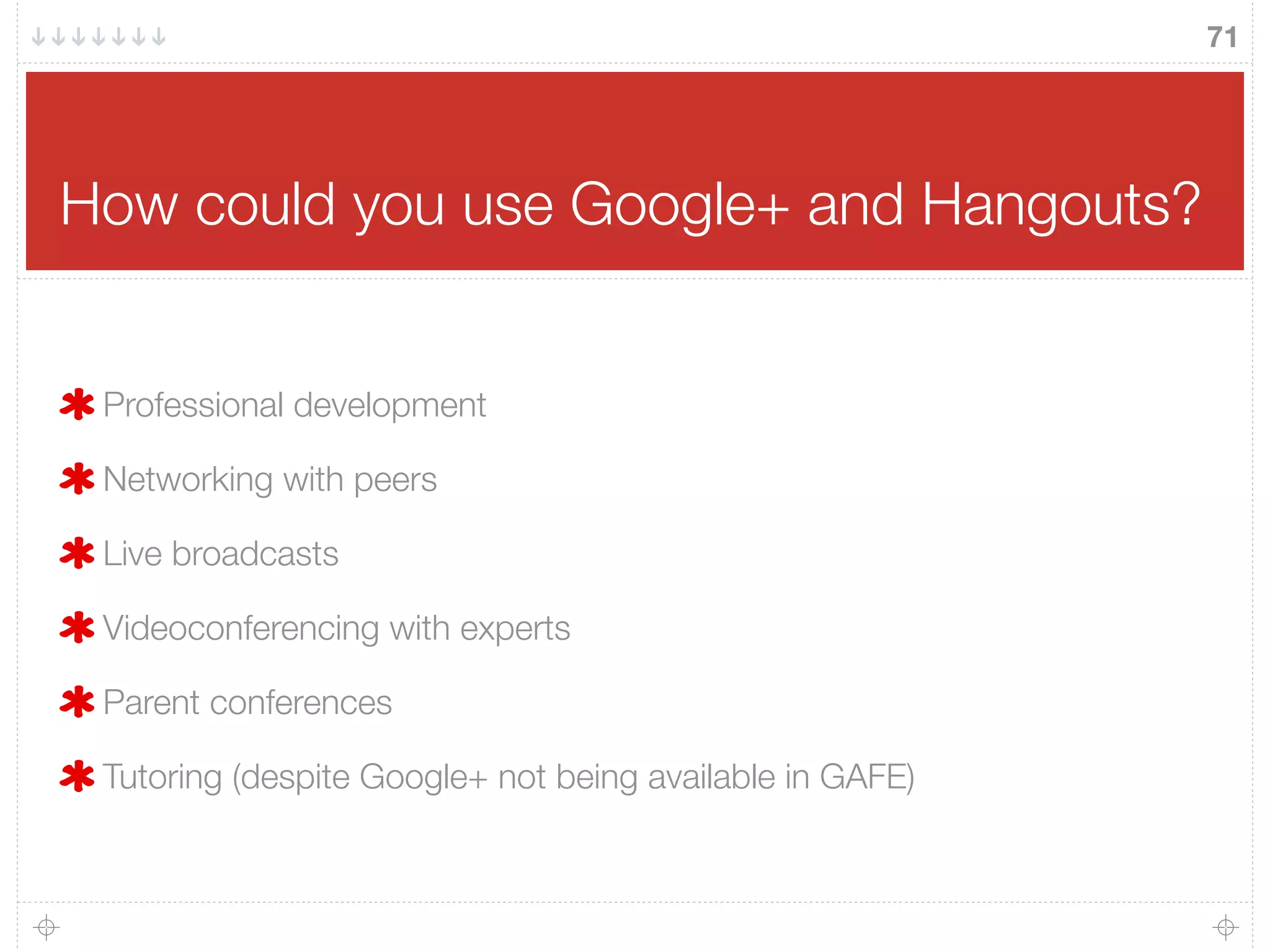 How could you use Google+ and Hangouts?
Professional development
Networking with peers
Live broadcasts
Videoconferencing with experts
Parent conferences
Tutoring (despite Google+ not being available in GAFE)
71
 