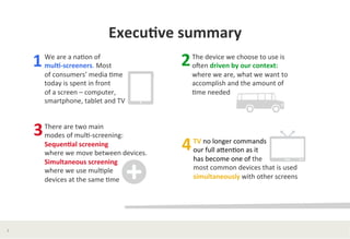 Execu*ve	
  summary	
  
        1	
  
            We	
  are	
  a	
  na?on	
  of	
  	
  
            mul*-­‐screeners.	
  Most	
  	
                  2	
  
                                                                 The	
  device	
  we	
  choose	
  to	
  use	
  is	
  	
  
                                                                 oJen	
  driven	
  by	
  our	
  context:	
  	
  
            of	
  consumers’	
  media	
  ?me	
  	
               where	
  we	
  are,	
  what	
  we	
  want	
  to	
  	
  
            today	
  is	
  spent	
  in	
  front	
  	
            accomplish	
  and	
  the	
  amount	
  of	
  	
  
            of	
  a	
  screen	
  –	
  computer,	
  	
            ?me	
  needed	
  	
  
            smartphone,	
  tablet	
  and	
  TV	
  	
  



        3	
  
            There	
  are	
  two	
  main	
  	
  
            modes	
  of	
  mul?-­‐screening:	
  	
  
            Sequen*al	
  screening	
  	
  
            where	
  we	
  move	
  between	
  devices.	
  
                                                             4	
  
                                                                 TV	
  no	
  longer	
  commands	
  	
  
                                                                 our	
  full	
  aLen?on	
  as	
  it	
  
            Simultaneous	
  screening	
  	
                      has	
  become	
  one	
  of	
  the	
  	
  
            where	
  we	
  use	
  mul?ple	
  	
                  most	
  common	
  devices	
  that	
  is	
  used	
  
            devices	
  at	
  the	
  same	
  ?me	
  	
            simultaneously	
  with	
  other	
  screens	
  	
  




2	
  
 