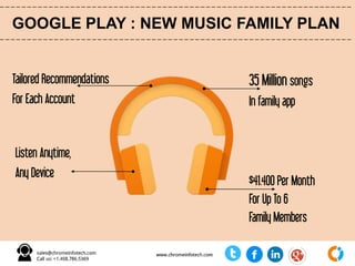 GOOGLE PLAY : NEW MUSIC FAMILY PLAN
35 Million songs
In family app
Tailored Recommendations
For Each Account
$41.400 Per Month
For Up To 6
Family Members
Listen Anytime,
Any Device
 