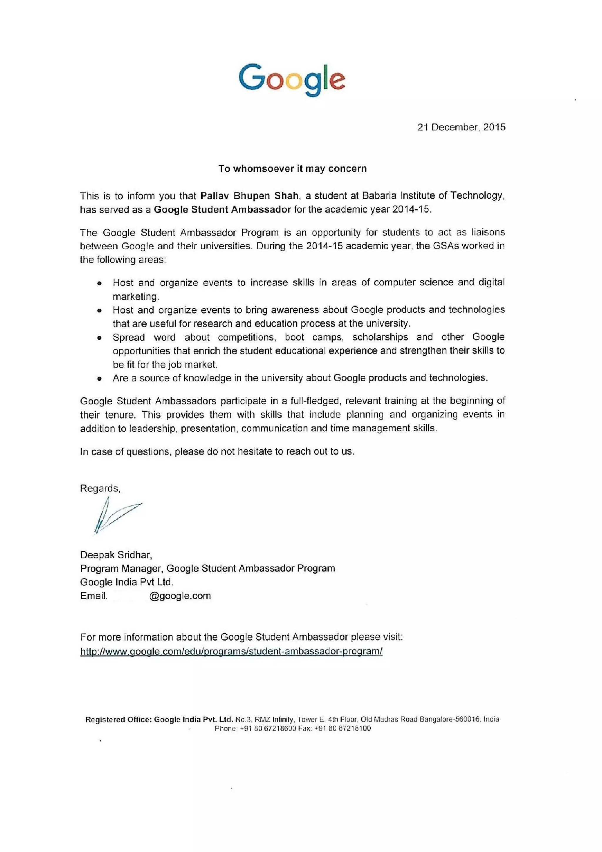 Experience Letter - Google Inc | PDF