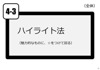 ハイライト法
（魅⼒的なものに、☆をつけて回る）
4-3
（全体）
17
 