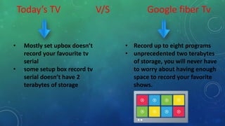 Today’s TV V/S Google fiber Tv
• Mostly set upbox doesn’t
record your favourite tv
serial
• some setup box record tv
serial doesn’t have 2
terabytes of storage
• Record up to eight programs
• unprecedented two terabytes
of storage, you will never have
to worry about having enough
space to record your favorite
shows.
 