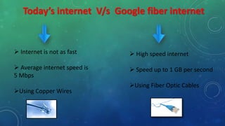 Today’s internet V/s Google fiber internet
 Internet is not as fast
 Average internet speed is
5 Mbps
Using Copper Wires
 High speed internet
 Speed up to 1 GB per second
Using Fiber Optic Cables
 