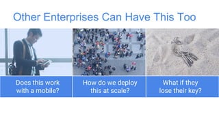 Other Enterprises Can Have This Too
Does this work
with a mobile?
How do we deploy
this at scale?
What if they
lose their key?
 