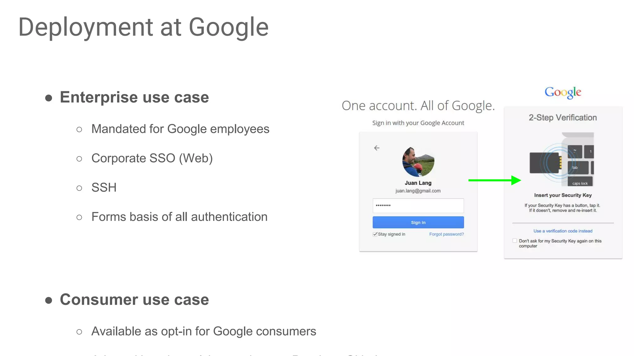 ● Enterprise use case
○ Mandated for Google employees
○ Corporate SSO (Web)
○ SSH
○ Forms basis of all authentication
● Consumer use case
○ Available as opt-in for Google consumers
Deployment at Google
 