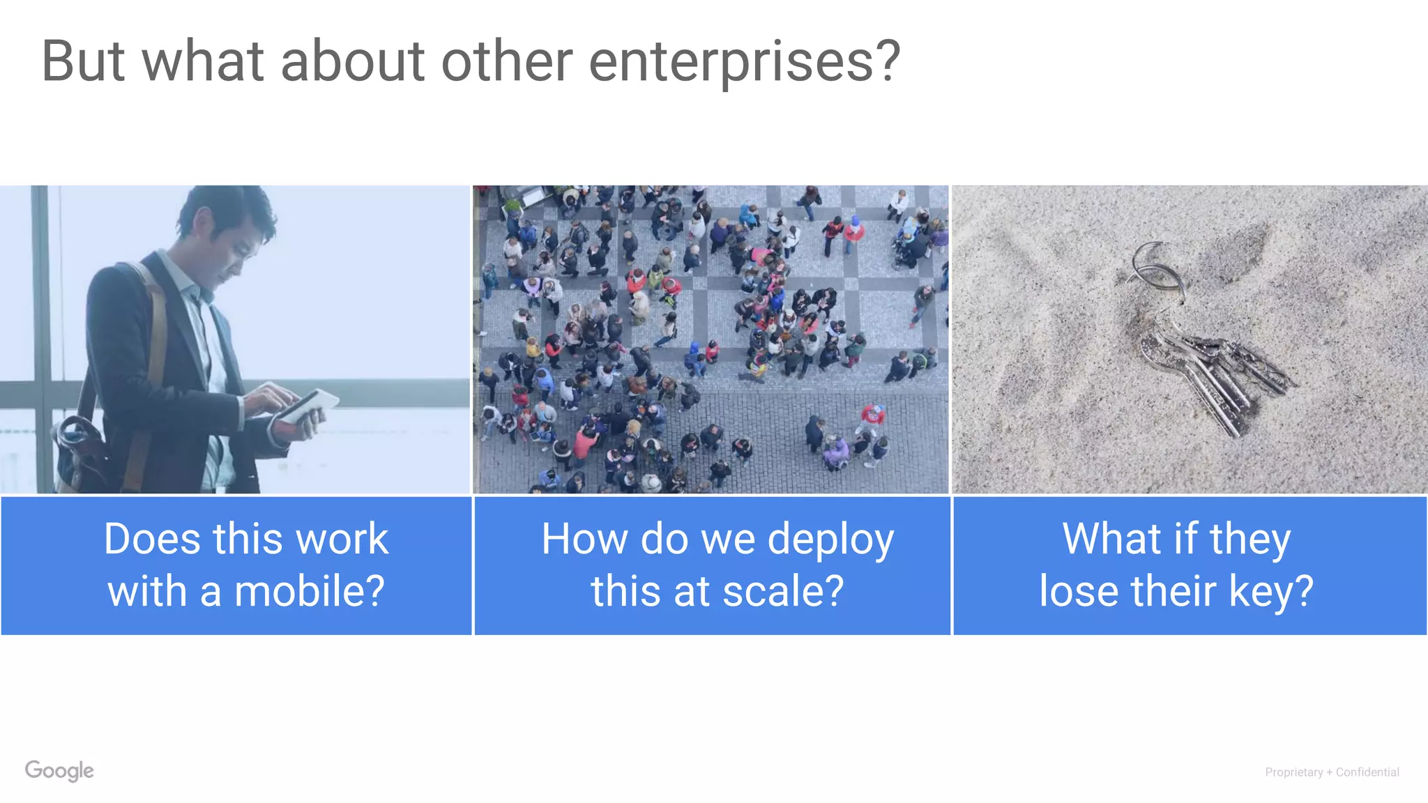 Proprietary + Confidential
Does this work
with a mobile?
How do we deploy
this at scale?
What if they
lose their key?
But what about other enterprises?
 