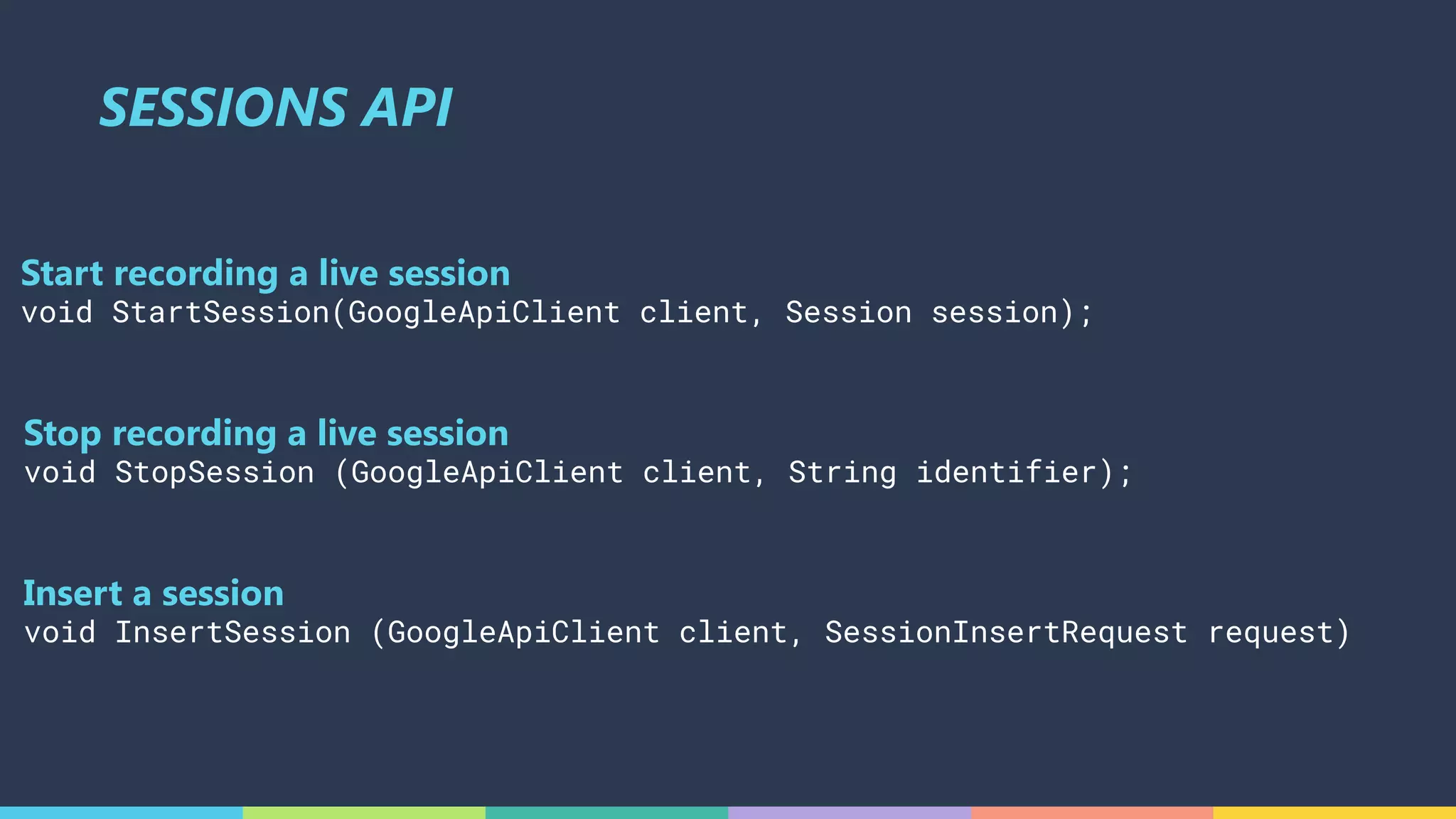 SESSIONS API
Start recording a live session
void StartSession(GoogleApiClient client, Session session);
Stop recording a live session
void StopSession (GoogleApiClient client, String identifier);
Insert a session
void InsertSession (GoogleApiClient client, SessionInsertRequest request)
 