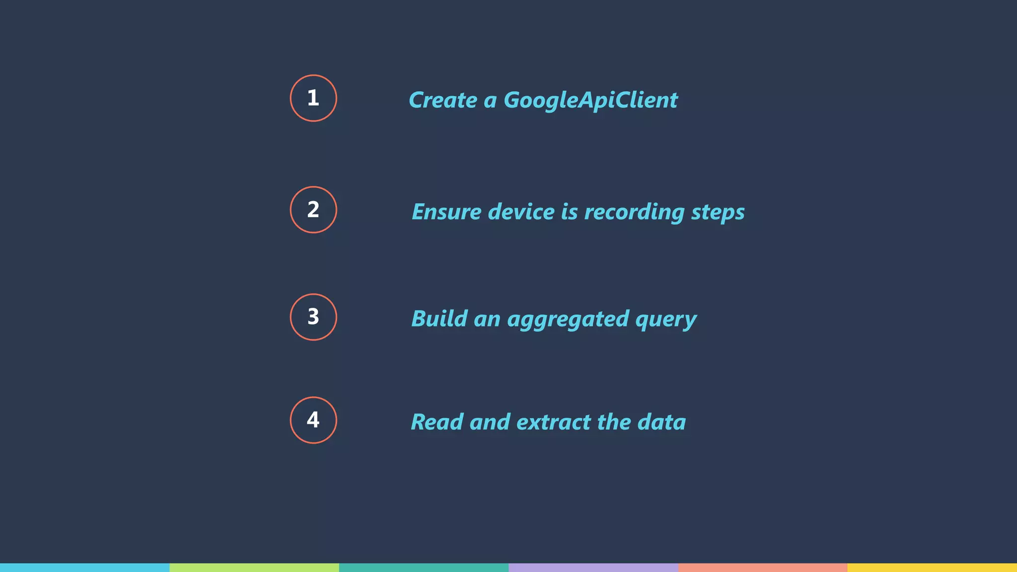 Create a GoogleApiClient
Ensure device is recording steps
Build an aggregated query
Read and extract the data
1
2
3
4
 